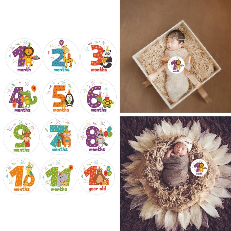 Pegatina de mes conmemorativo de Milestone, animales de dibujos animados, pegatinas mensuales para bebé, fotografía, tarjeta conmemorativa, número, accesorios para fotos M76C