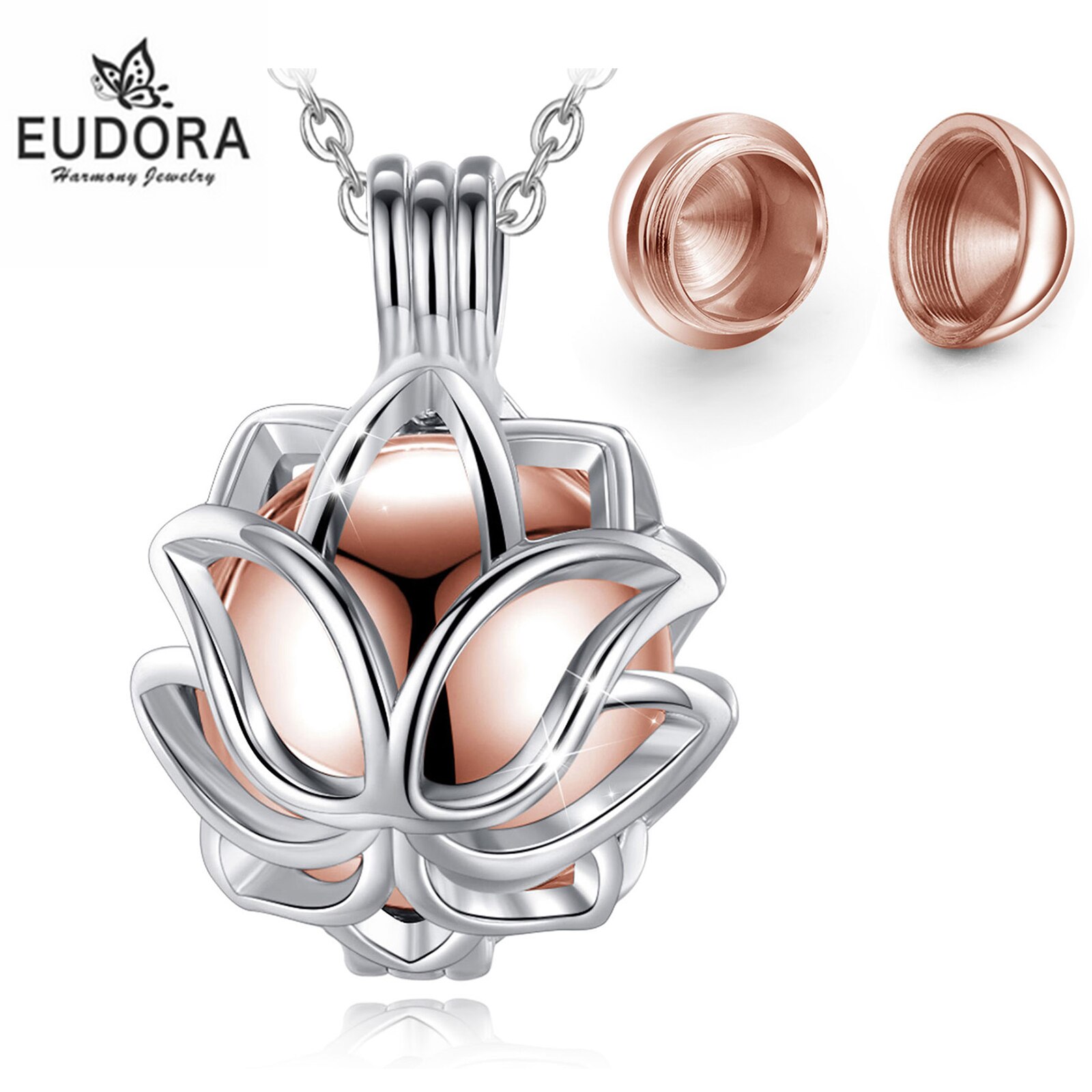 EUDORA – pendentif crémation en forme d&#39;urne, 14mm, fleur de Lotus, Cage, médaillon, porte-cendres, collier, Capsule de souvenir, boule creuse, DIY bricolage, bijoux k332n14