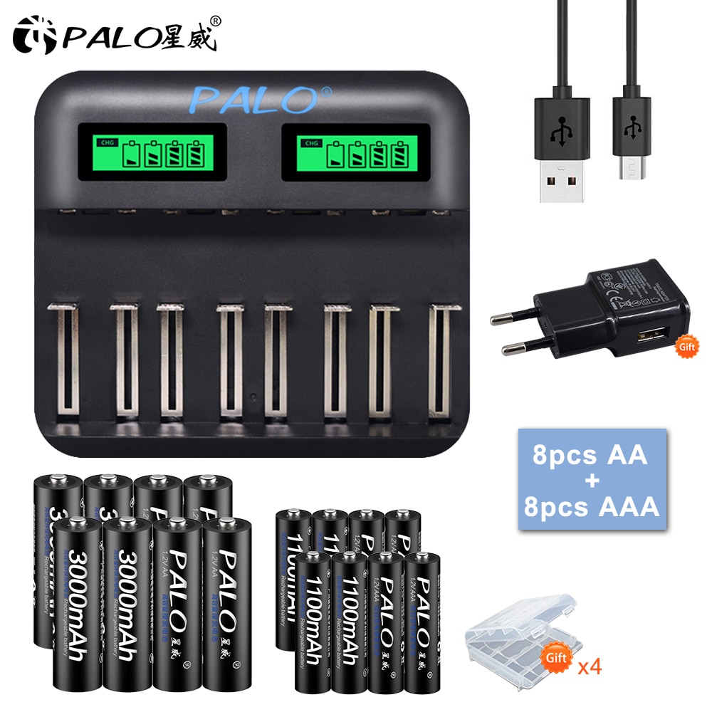 8Pcs 1.2v AA Battery Rechargeable+1.2V Nimh AAA Rechargeable Battery+Lcd Display Usb Smart Battery Charger For 1.2V Nimh AA AAA