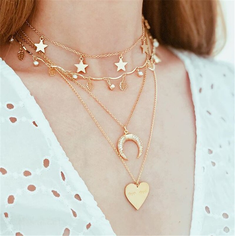 Docona Bohemian Moon Pendant Necklace for Women Rose Flowers Multilayer Shell Heart Gold Chain Chokcer Jewelry