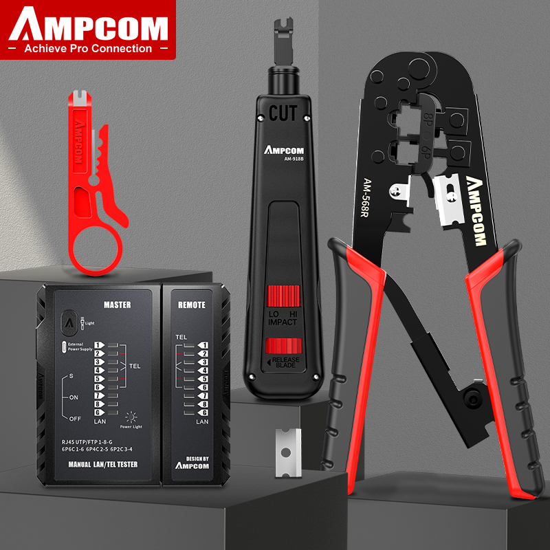 AMPCOM RJ45 Crimper Lan Tester Tool Set Ethernet Cable Stripper Punch Down Tool rj 45 rj11 Connectors 12 in 1 Cabling Repair Set: SKY BLUE