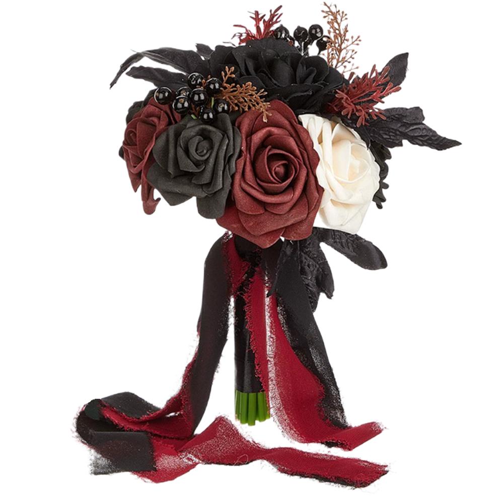 Gotisk bryllupsbuket med halloween-tema og dekorativ buket af høje materialer til fester, boligindretningsbuket: Lyserød