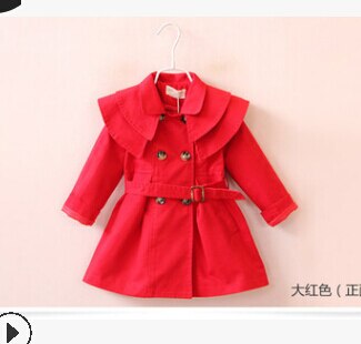 Meisje Effen Kleur Trenchcoat Mode Koreaanse Stijl Double-Breasted Revers Lange Mouwen Jas: Rood / 90