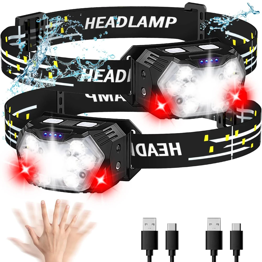 2000lm ultralyse 9 ledet-hodelykter usb-c oppladbar frontlykt 10 moduser vanntett bevegelsessensor hodelykt arbeidslommelykt
