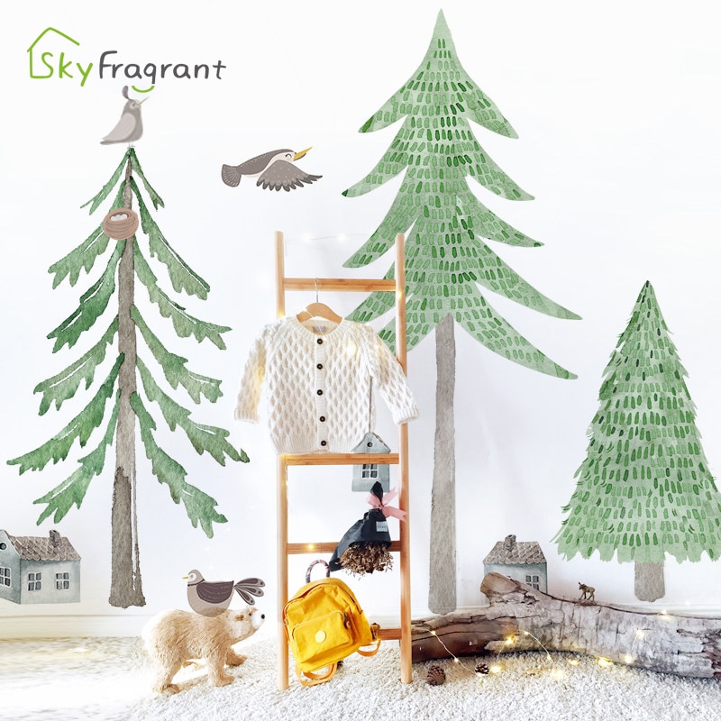 Large Fresh Christmas Tree Wall Stickers Self-adhesive Paper Bedroom Home Decor Living Room Background Wall Porch Decoration