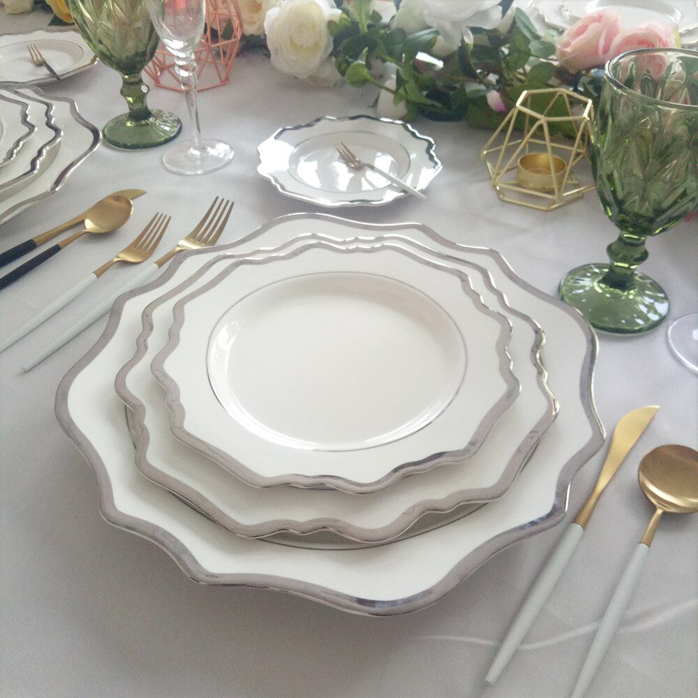 Sunflower Ceramic Dinner Plates Wedding Party Dishes Pure White Golden Edge Tableware for Girls Dessert Plate Serving Tray