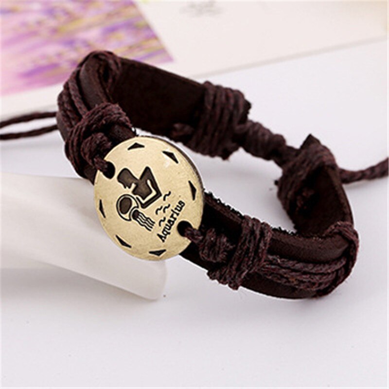 12 konstellationer armbånd smykker læder armbånd mænd afslappet personlighed stjernetegn punk armbånd: Vandmanden