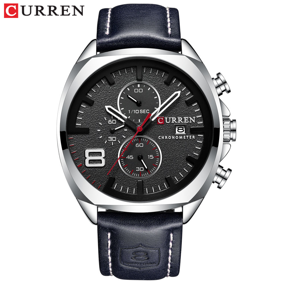 Curren Mannen Kijken Topmerk Luxe Chronograaf Horloges Lederen Waterdichte Sport Kalender Horloge Relogio Masculino: silver black