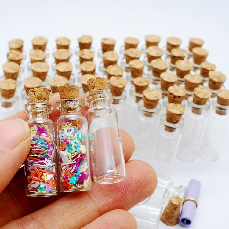 Botella de vidrio transparente pequeña, tapón de corcho, 1ml, 10 Uds.