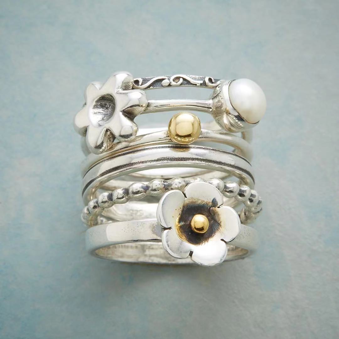 Trendy Eenvoudige Ringen Set Voor Vrouwen Elegante Bloem Parel Etnische Stijl Vinger Trouwringen Engagement Sieraden Accessoires