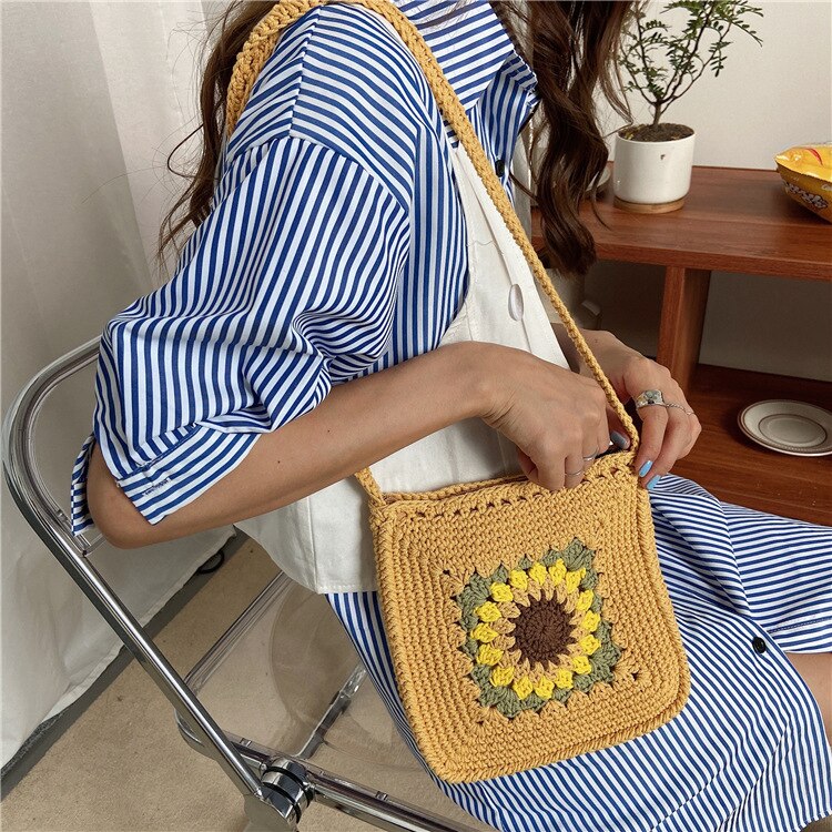 Zomer Mode Zonnebloem Vrouwen Handgemaakte Gebreide Tas Vintage Hollow Geweven Dames Crossbody Tassen Meisjes Kleine Vierkante Schoudertas