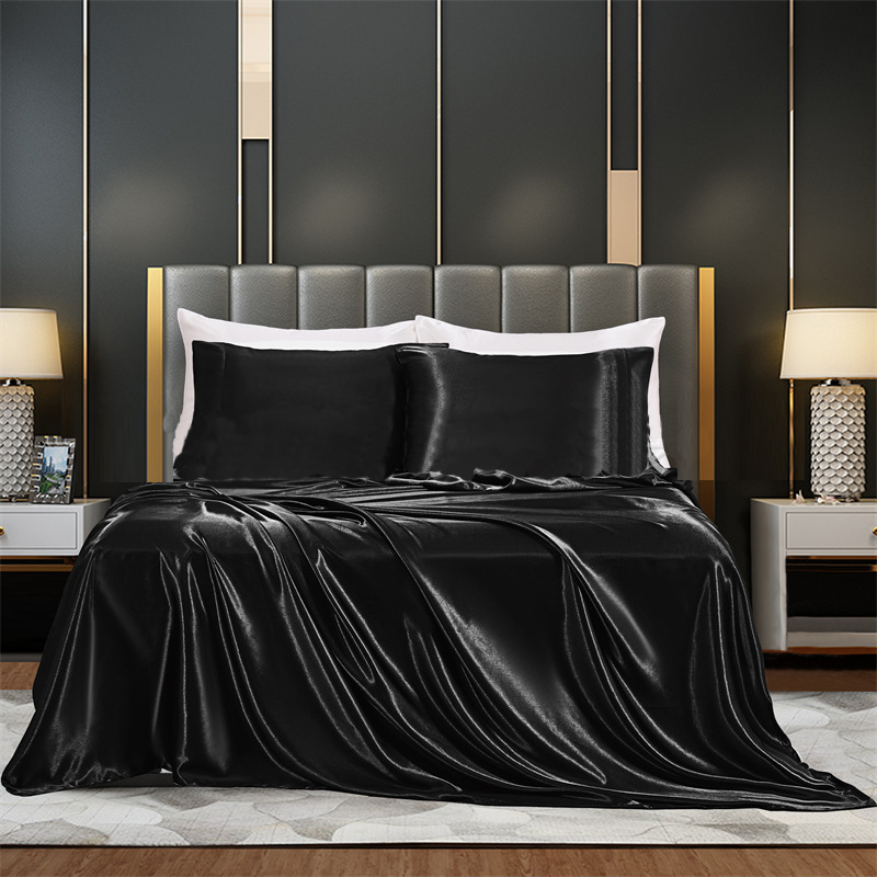Summer Luxury Satin Silk-like Bed Sheet Set (Flat Sheet + Fitted Sheet + Pillowcase) Solid Color Mattress Cover Twin Full Queen: King / black