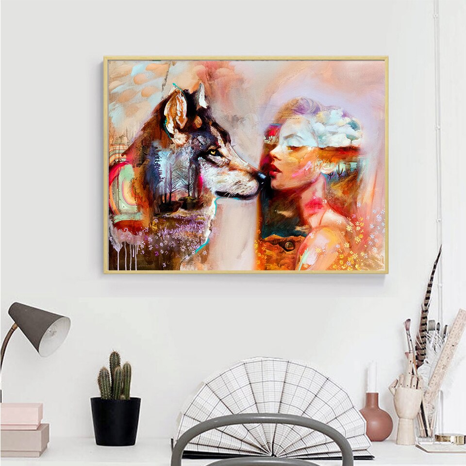 Azqsd olieverfschilderij op nummer wolf meisje diy kleurrijke verf handgemaakte oningelijste tekening op nummer dier huisdecoratie