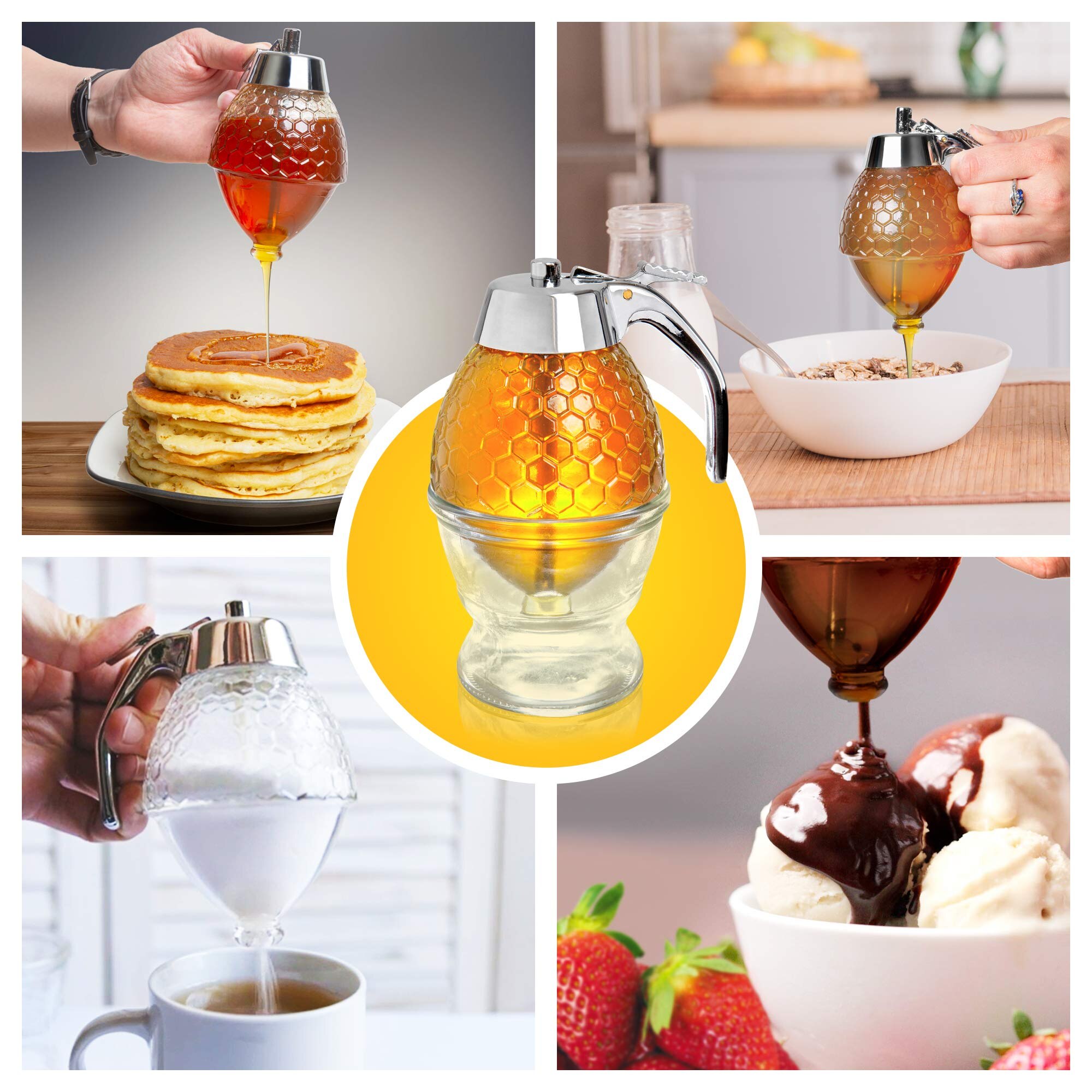 Honey Syrup Dispenser No Drip Acrylic Maple Honey Pot Glass Comb Shaped Jar for Sugar Sauces Condiments Containers Pourer Holder