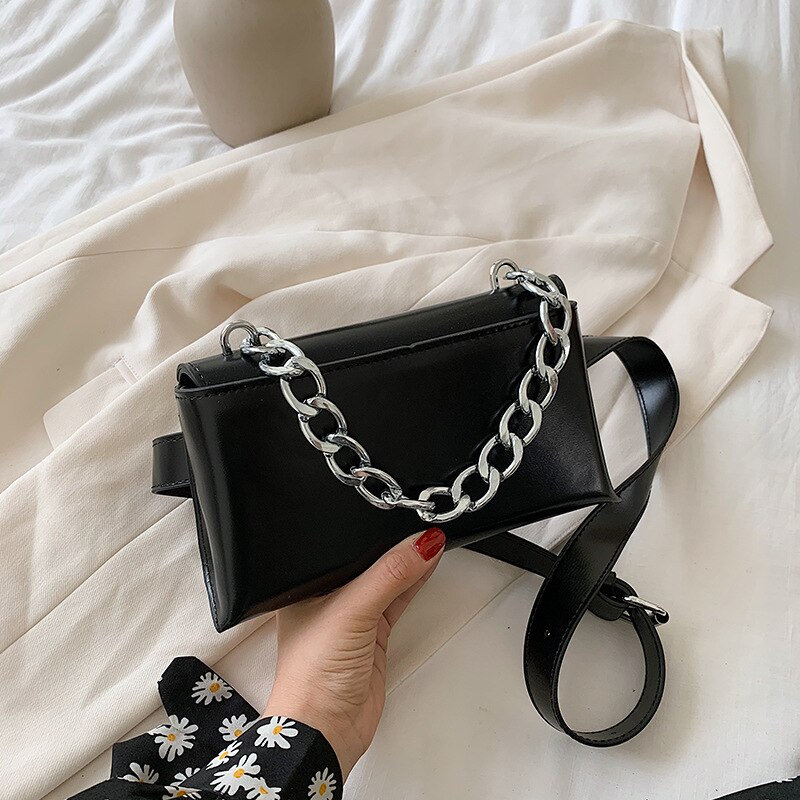 Moda corrente saco da cintura para as mulheres de couro do plutônio cor sólida casual pequeno quadrado sacos de ombro feminino crossbody peito pacotes sacos sac: Black