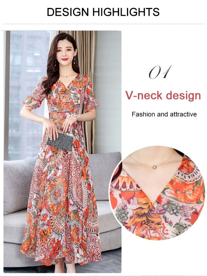 Schlankes Kleid für Damen, V-Ausschnitt, bedruckt, langes Kleid, schmales Kleid für Damen