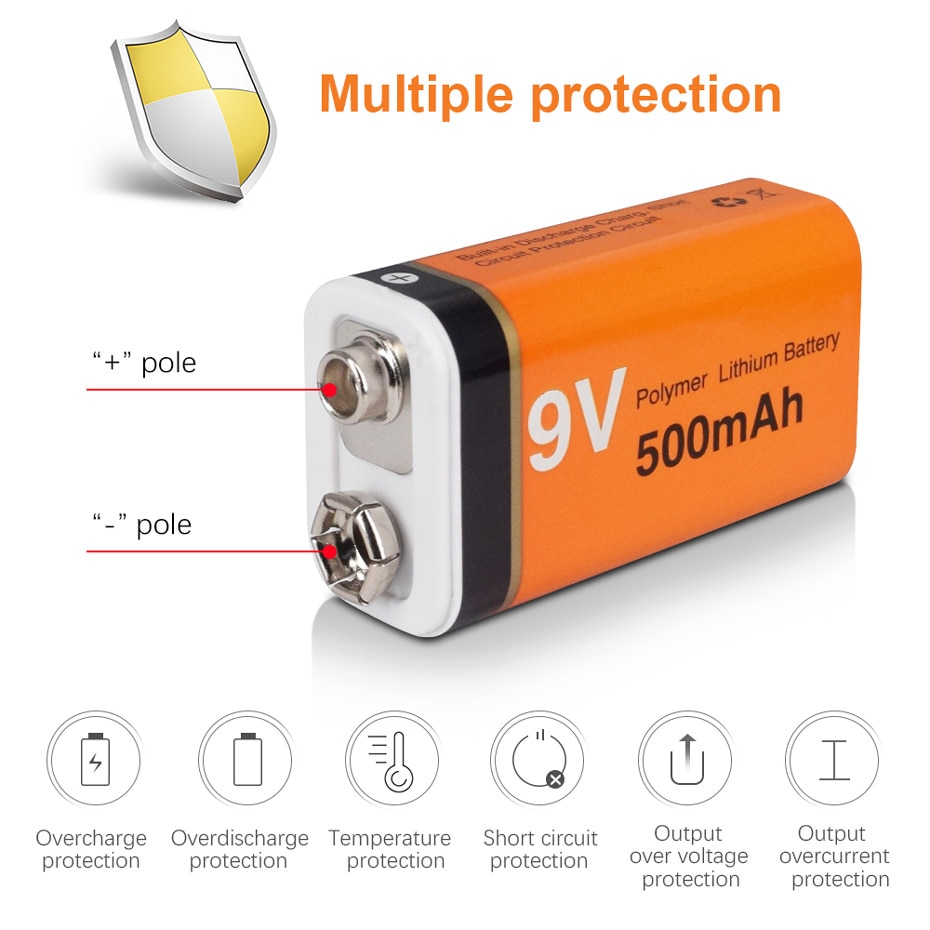 9V 500mAh Li-ion Battery lithium polymer Rechargeable battery 9v lithium for Multimeter Microphone Toy Remote Control KTV Use