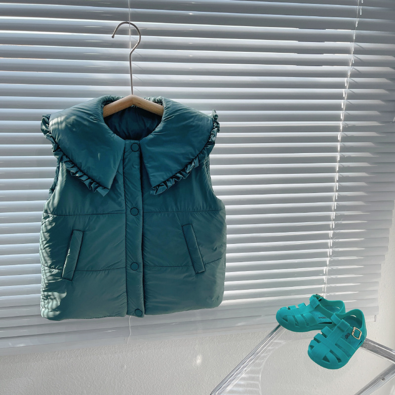 Nuovo autunno inverno neonate gilet imbottito in cotone collo con volant tinta unita stile coreano bambini gilet dolci per bambini: green / 7T