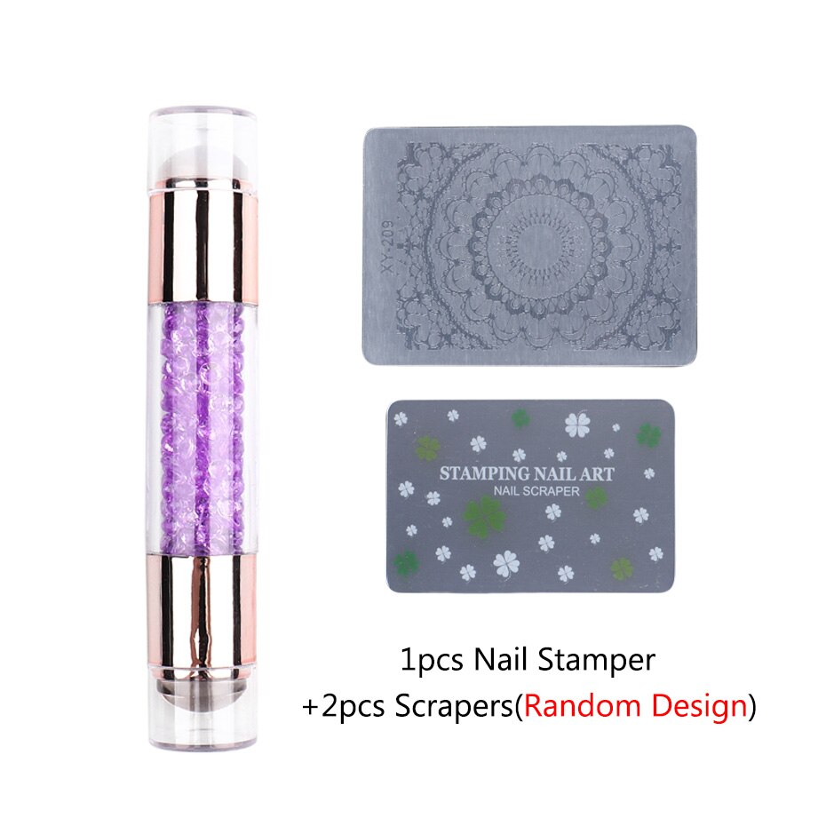 STZ 3pc Double-ended Silicone Nail Stamper with Crystal Rhinestone Handle Transparent Jelly Template Stamping Tool Scraper #1836: Purple