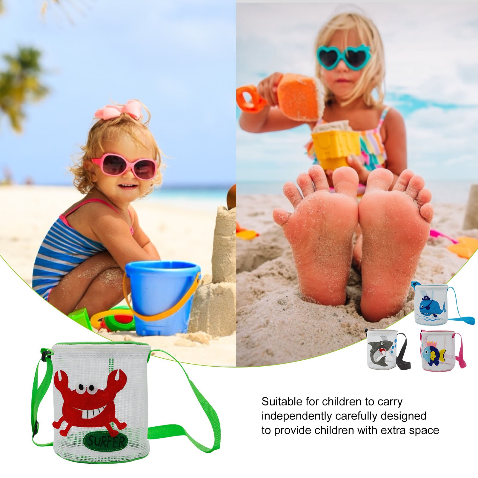 Mesh Beach Bag Tote Pouch Organizer per bambini Beach Travel Toy Organizer varie cerniera a rete e tracolla regolabile