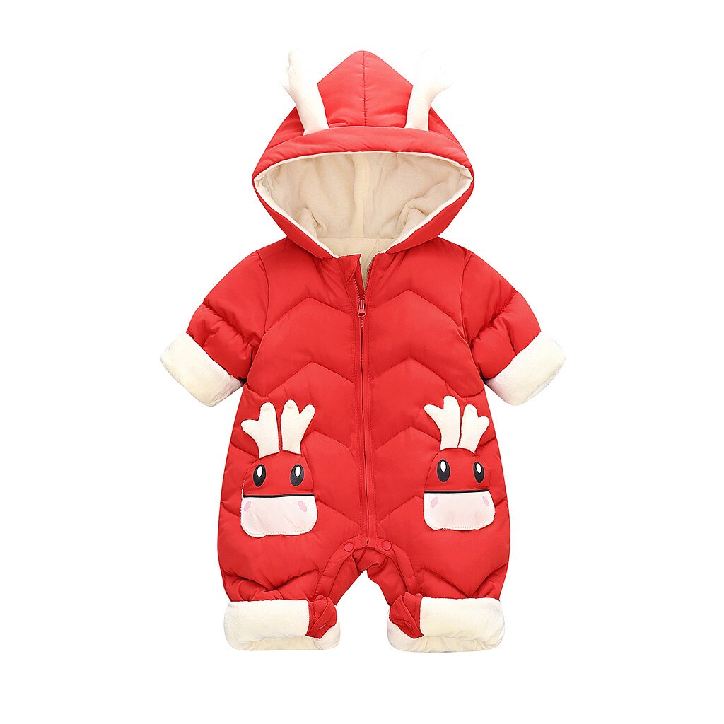 Cartoon cerf bébé fille hiver manteau épais vêtements à capuche bébé garçons veste -né combinaison barboteuse vêtements coupe-vent: Red  / 12-18 Months