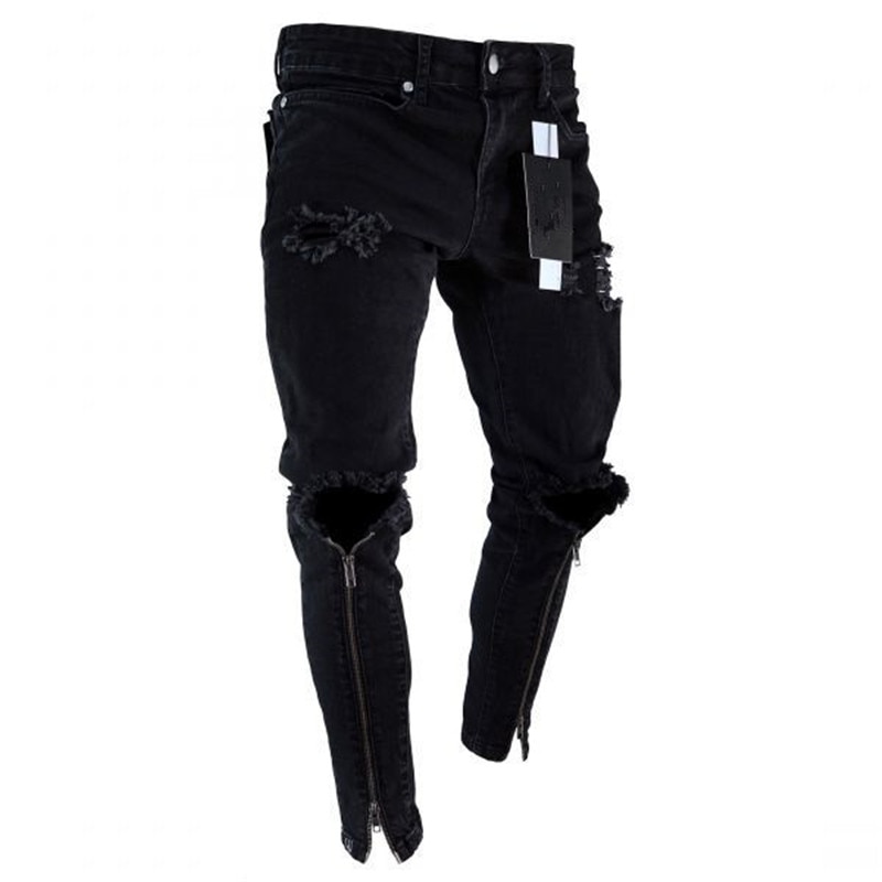 Coola herrmärke svarta jeans skinny riven förstörd stretch slim fit hop hop byxor med hål för män dragkedja ankel