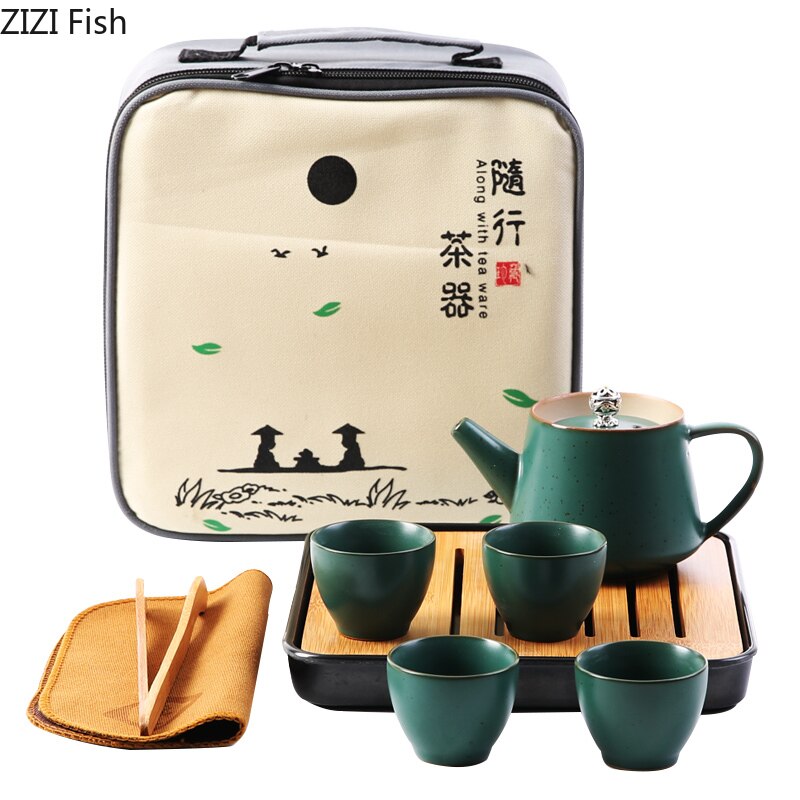 Japanse Stijl Mini Thee Set Draagbare Reizen Kung Fu Thee Set Een Pot En Vier Kopjes Met Lade Keramische Theekopje maak Theepot