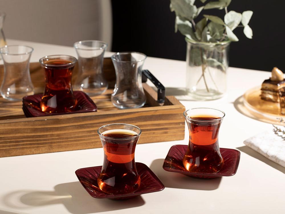 Lorna Glass 12 Piece Tea Set 6 Tea Glasses 6 Tea Glasses Saucer 100 Ml claret red Turkish traditional tea glass