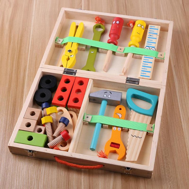 Juego de reparación de madera para bebé, herramientas multifuncionales, caja de herramientas de reparación portátil para niño de dibujos animados, juguetes educativos para niño, juguete de rompecabezas