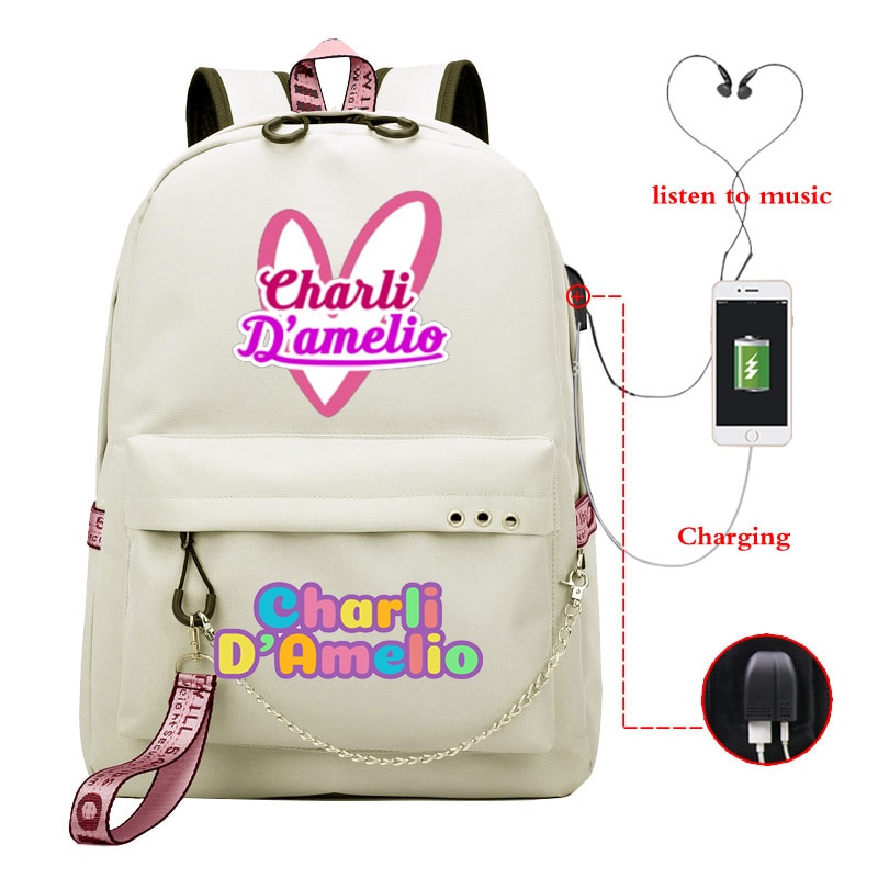 Mochila Feminina Women Backpack Charli School Bags Usb Charge Laptop Back Pack Men Charli Damelio Bags for Teenage Girls Travel: 810-527-Charli-B 6