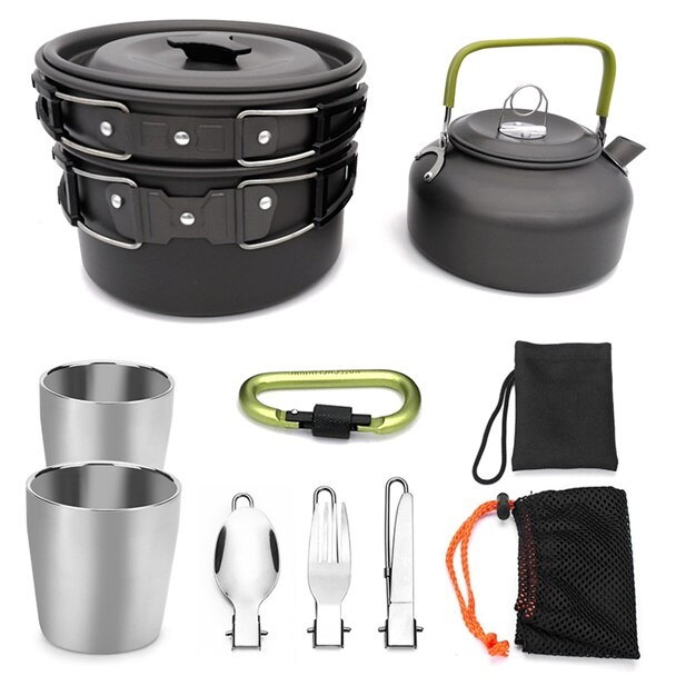 Utomhus servis camping koppar camping redskap bärbar camping köksredskap vandringsgryta picknick set turism utomhus tekanna pan set: Svart