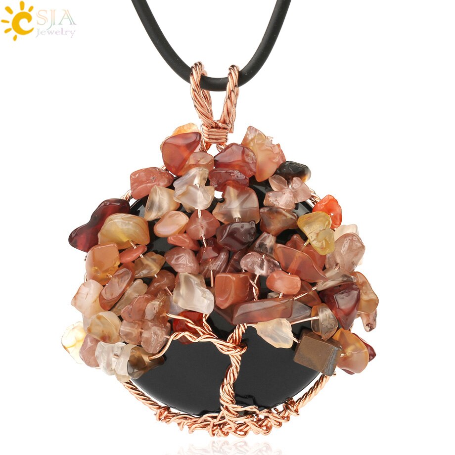 CSJA Natural Cabochon Stone Tree of Life Pendant Rose Gold Color Wire Wrap Chip Bead Wisdom Tree Healing Women Men Necklace G193: Black Onyx Chain