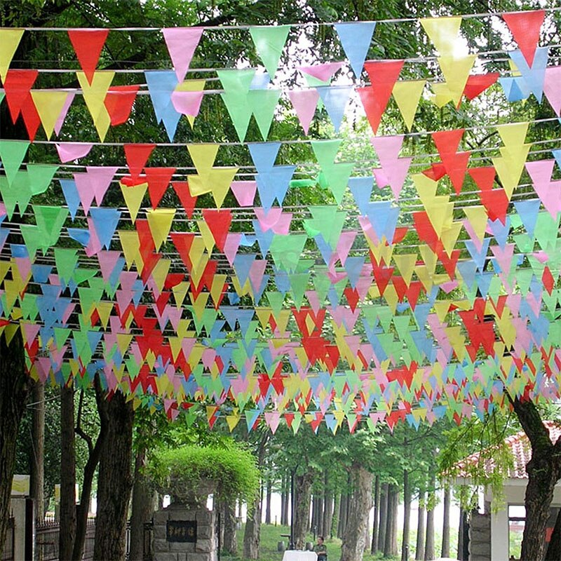 Banderoles en tissu coloré de 10/50 mètres, drapeaux triangles, fanions de Festival de mariage, banderoles de banderole