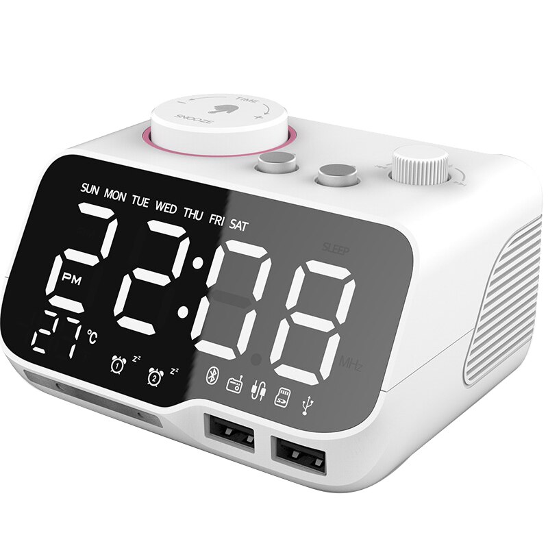 Digitale wekker, bluetooth-luidspreker, fm-radio, temperatuur, snooze, helderheidsdimmer voor de slaapkamer, slaaptimer: Amerikaanse stekker wit