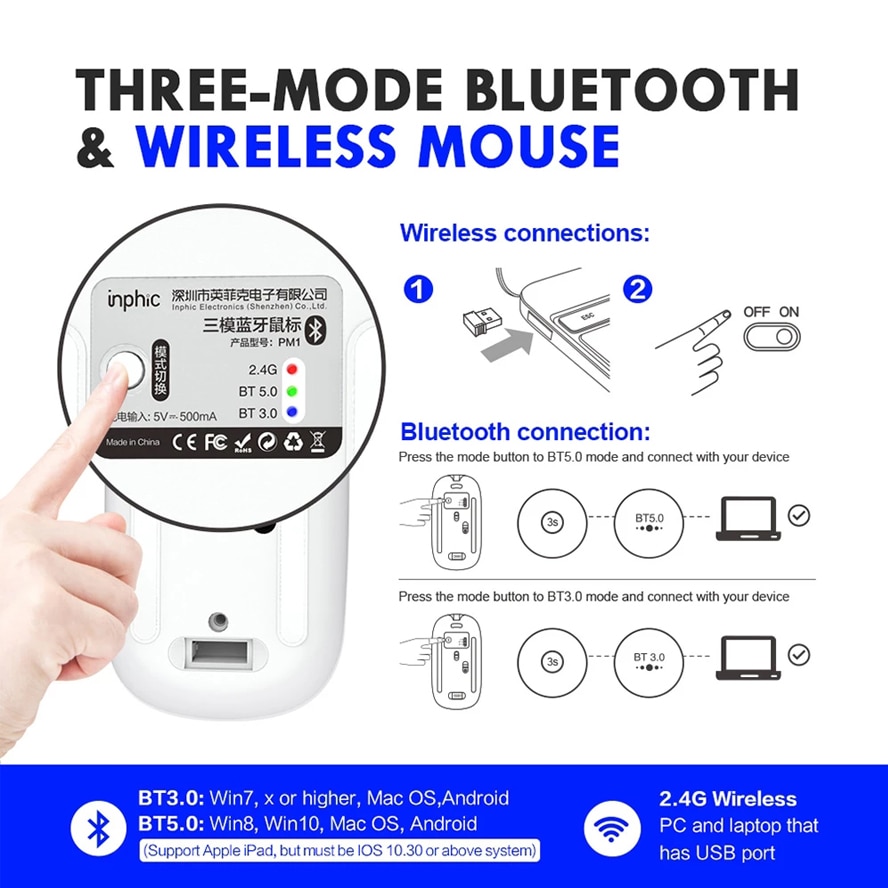 Inphic PM1 Draadloze 2.4G Muis Stille Oplaadbare Notebook Bluetooth Drie-Modus Usb Optische Muizen Voor Macbook Laptop