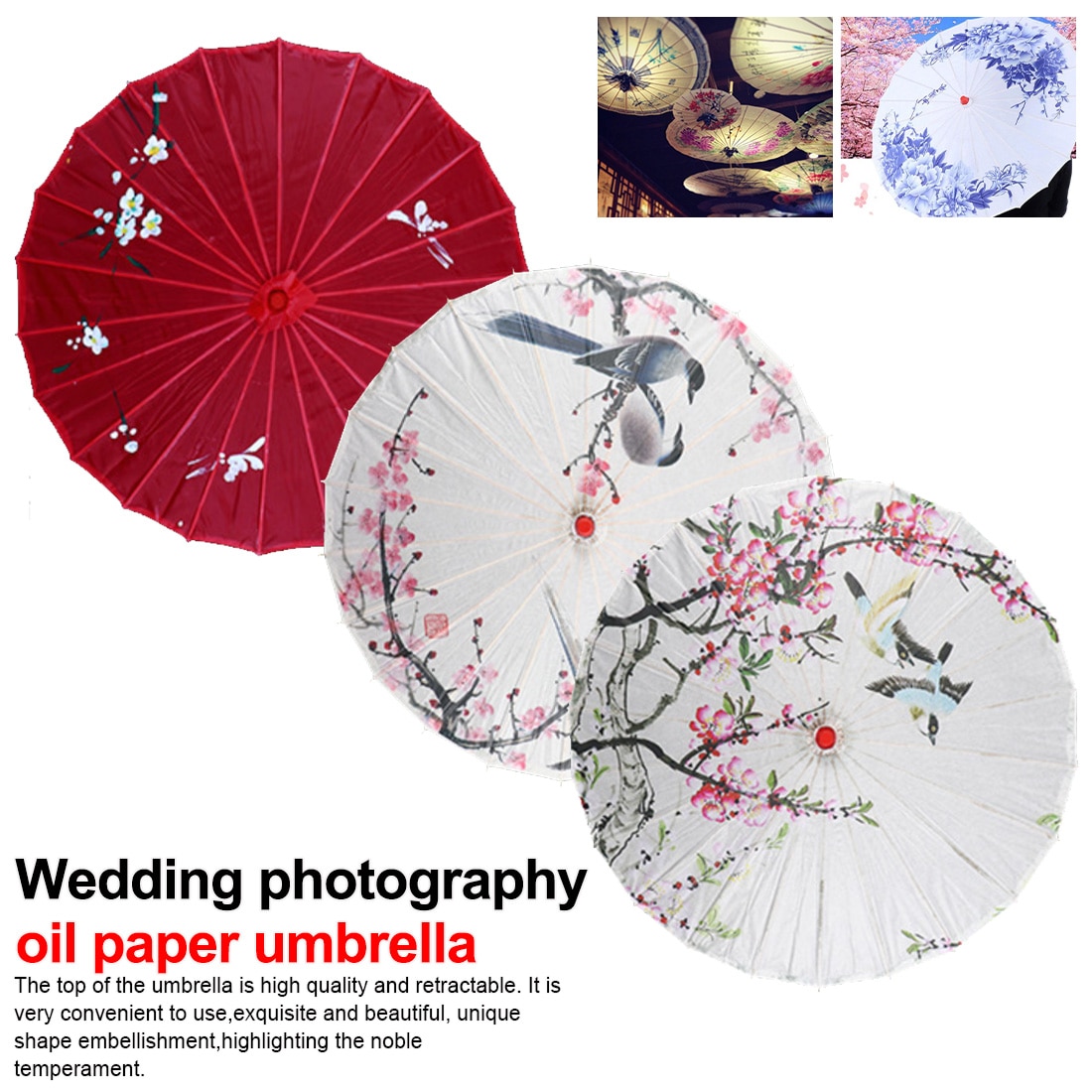 Decorative Umbrella Chinese Style Oil Paper Umbrella Silk Women Umbrella Japanese Cherry Blossoms Silk Ancient Dance Umbrella