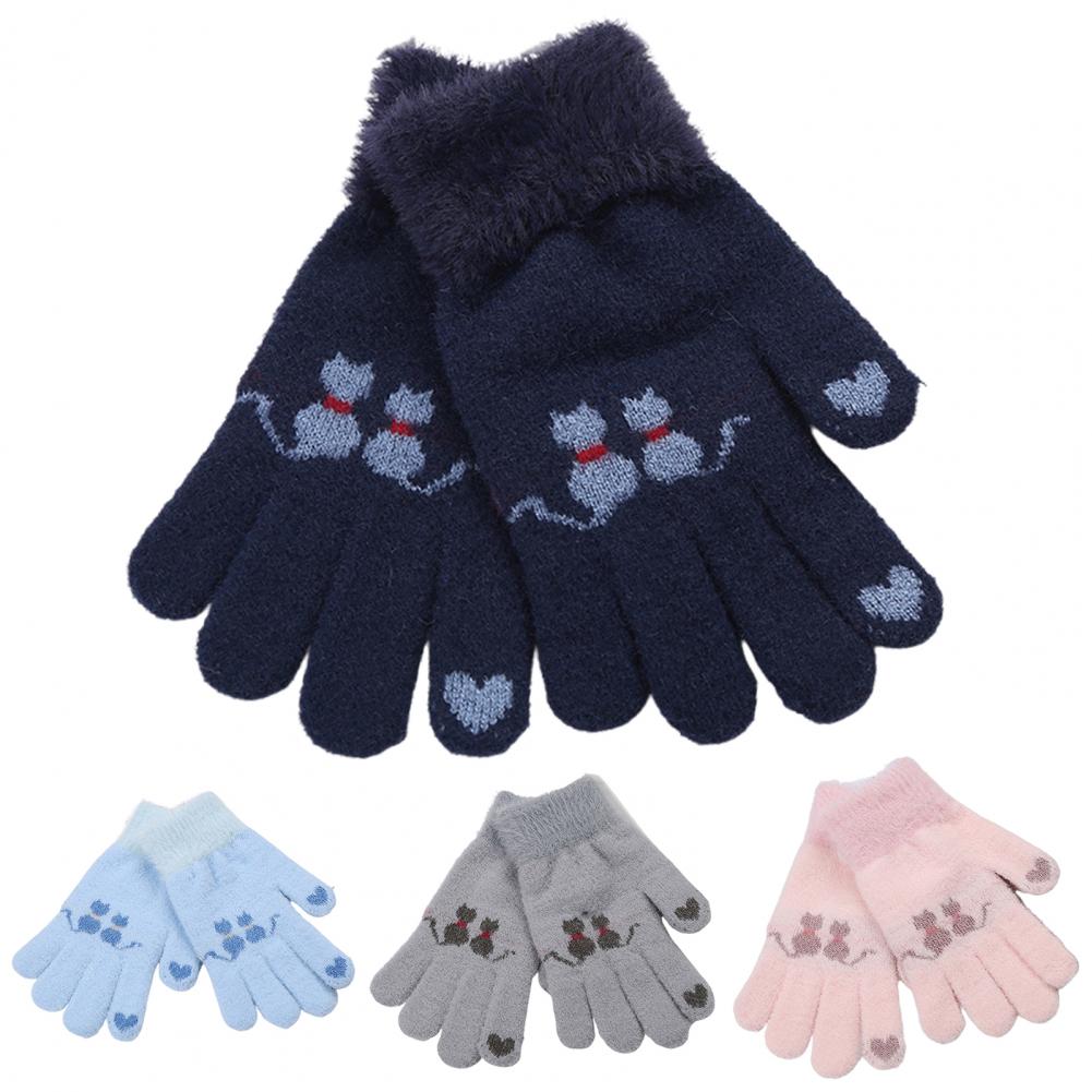 Teenagers Kids Winter Warm Leuke Kat Patroon Volledige Vinger Jacquard Gebreide Handschoenen