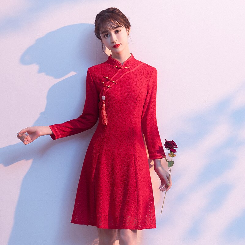 1 Stks/partij Chinese Stijl Vrouw Kanten Jurk Rood Roze Jurk Cheongsam Nieuwjaar Kerst Jurken Vrouwen Lange Mouwen Qipao
