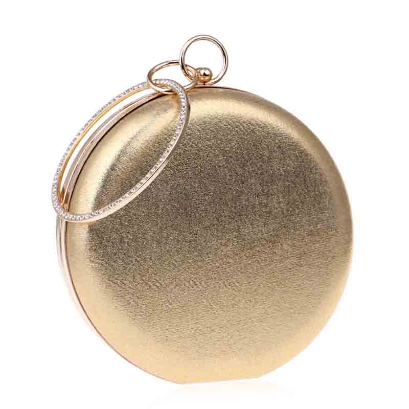 Sacs à main avec anneau et diamants pour femmes, pochette de soirée à poignée ronde, sacs à bandoulière à chaîne pour femmes, sac en argent pour maquillage circulaire de fête: Gold