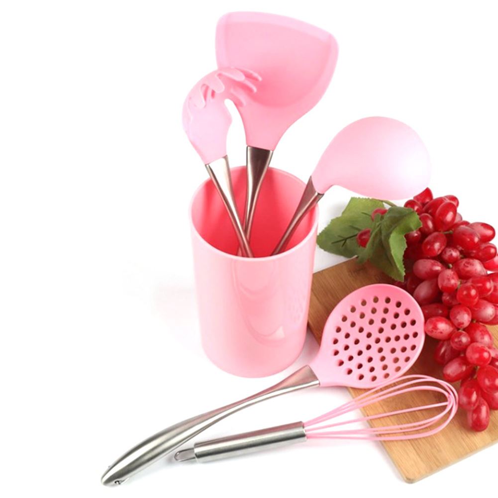 7 Stck Rosa Silikon Kochen Utensilien einstellen Edelstahl Griff Geschirr Geschirr Geschirr Wärme beständig Küche Werkzeuge