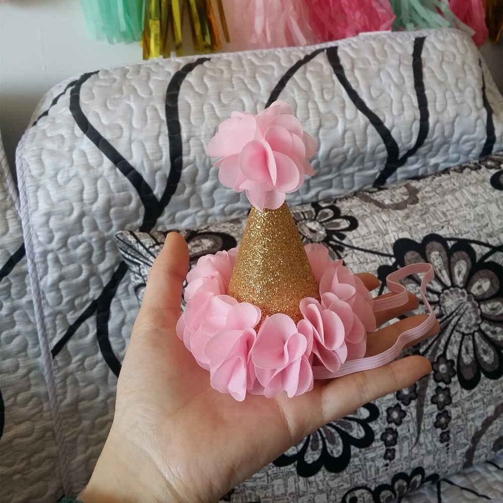 Meisje Bloem Tuin Shabby Chic Verjaardag Hoed Roze Lavendel Gouden Bloem Party Hoed Hoofdband 1st 2nd 3rd Pasgeboren Glitter party Cap