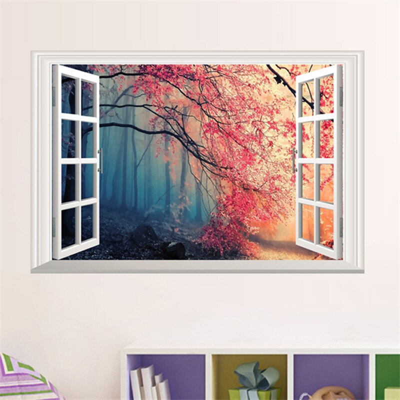 3D Lavender Sakura Castle Window Wall Sticker Home Decor Poster Living Bedroom Corridor Kitchen Scenery Vinyl Decals Paper