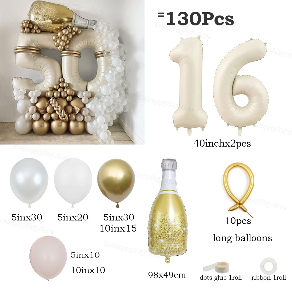 130 Uds. Juego de globos con números de oro blanco y arena crema, globos de aluminio con números de 40 pulgadas para decoraciones de de feliz 20 30 40 50 cumpleaños: LASER