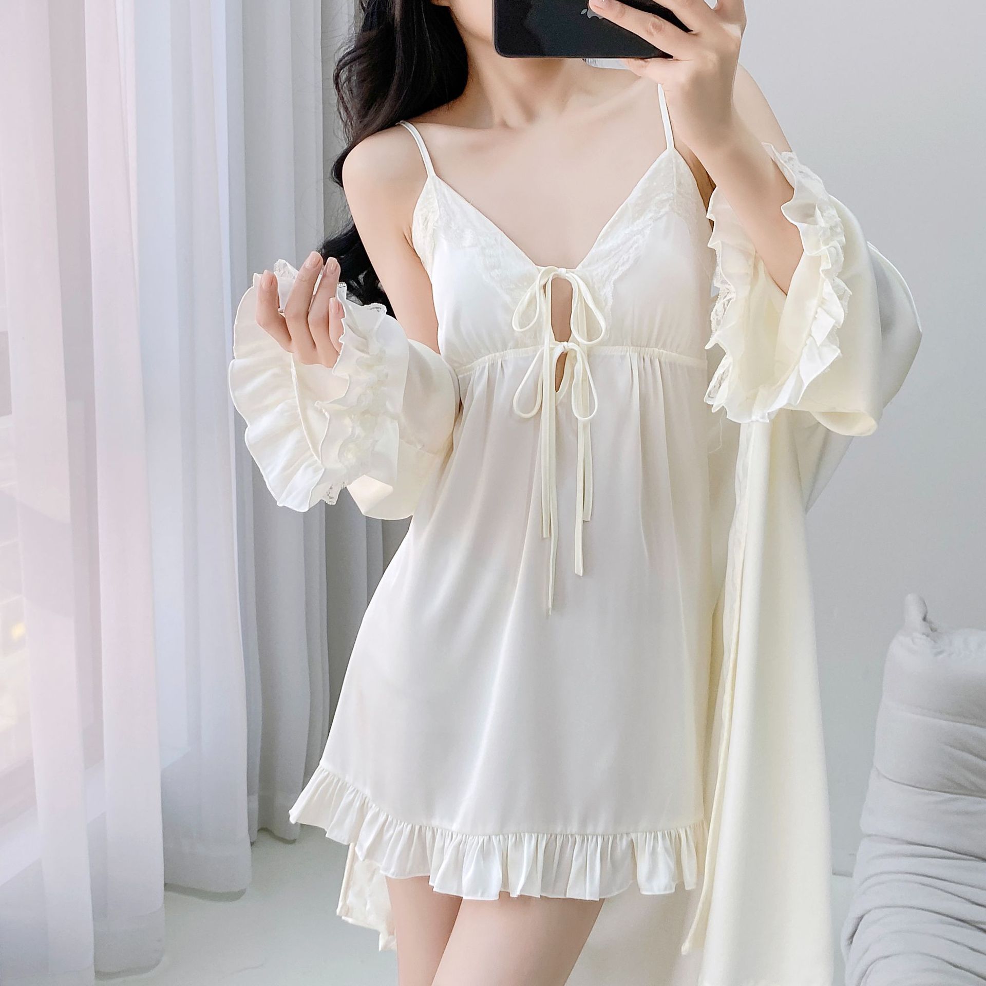 sexy kvinnelig rysjer kimono badekåpe nattkjole bryllup nattøy og morgenkåpe sett sommer nattøy uformelt sateng hjemmeklær: L / Brun