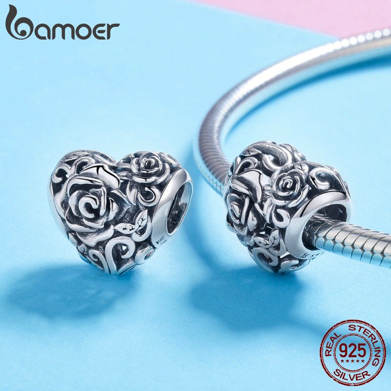 BAMOER New Romantic 925 Silver Rose Fiore Incidere Cuore misura Branelli Braccialetti Con Ciondoli & braccialetti DEI MONILI di DIY Che Fanno SCC790