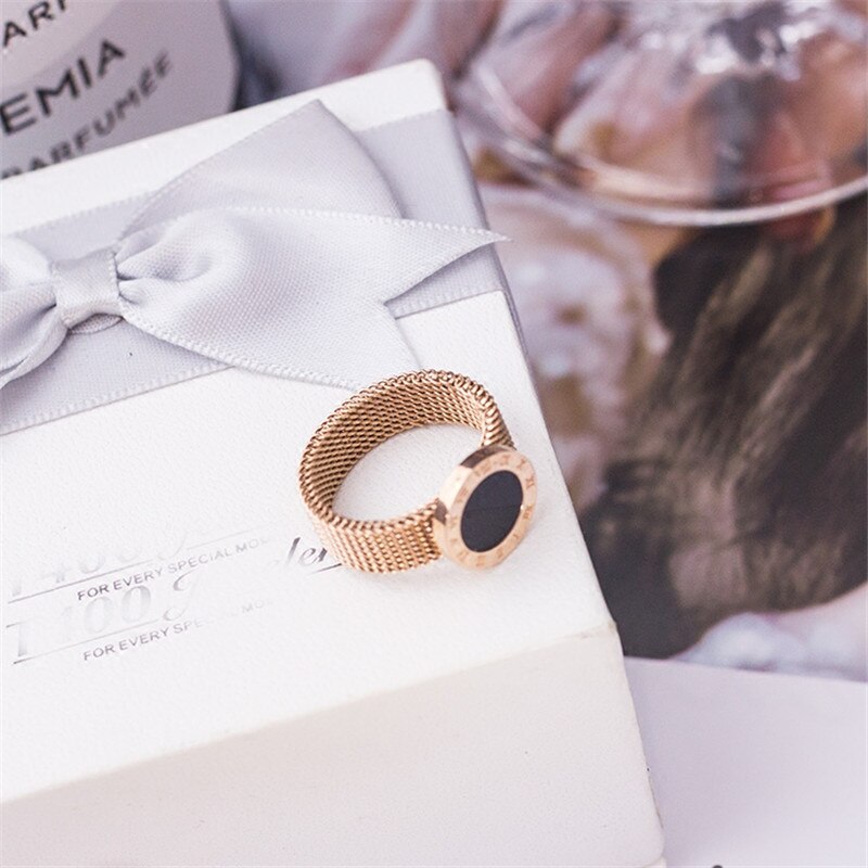 YUN RUO Rose Gold color 316L Titanium Steel Roman Numerals Woven Mesh Cheap Ring Woman Jewelry Never Fade