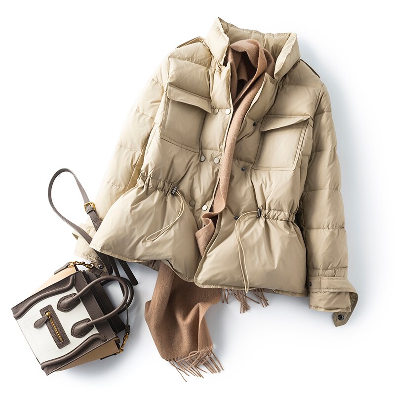 Winter damen ultraleicht daunenjacke weiße entendaunenmantel langarm warmer daunenparka damen zweireiher oberbekleidung: Khaki / L