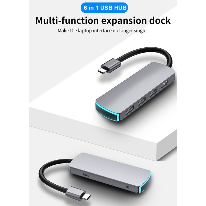 6 in 1 Multi-Funzione HD attracco stazione Tipo-C a HDMI Usb3.1centro con PD di Ricarica Lampada di Respirazione