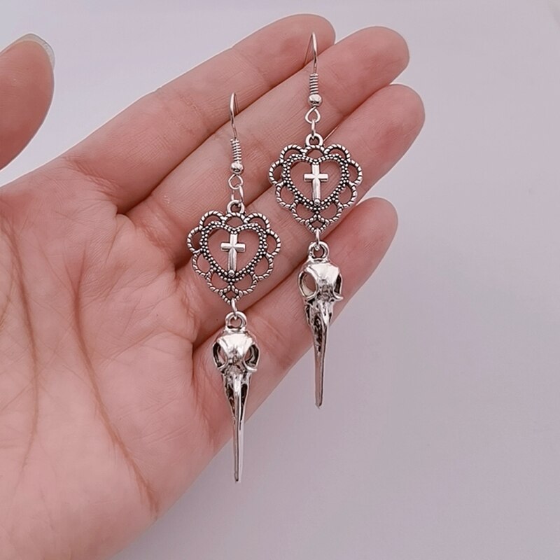 Gothic Heart Cross Bird Skull Earrings Jewellery Dark Art Goth Aesthetic Dangle Earrings For Alternative Girl Punk
