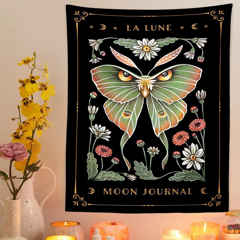 Aurinko kuu koi kuvakudos seinälle roikkuu kuu vaihe seinä taide mökki sisustus mystinen koi noita asuntolan huoneen seinän sisustus boho sisustus